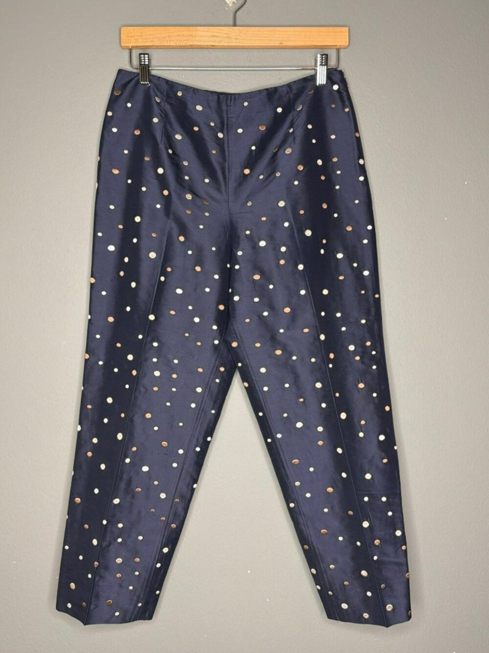 VTG Talbots 100% Silk Embroidered Polka Dot Pants Navy Capri Side Zip Women 8